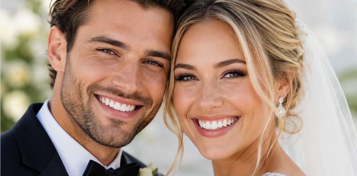 smiling couple with whitened teeth for wedding